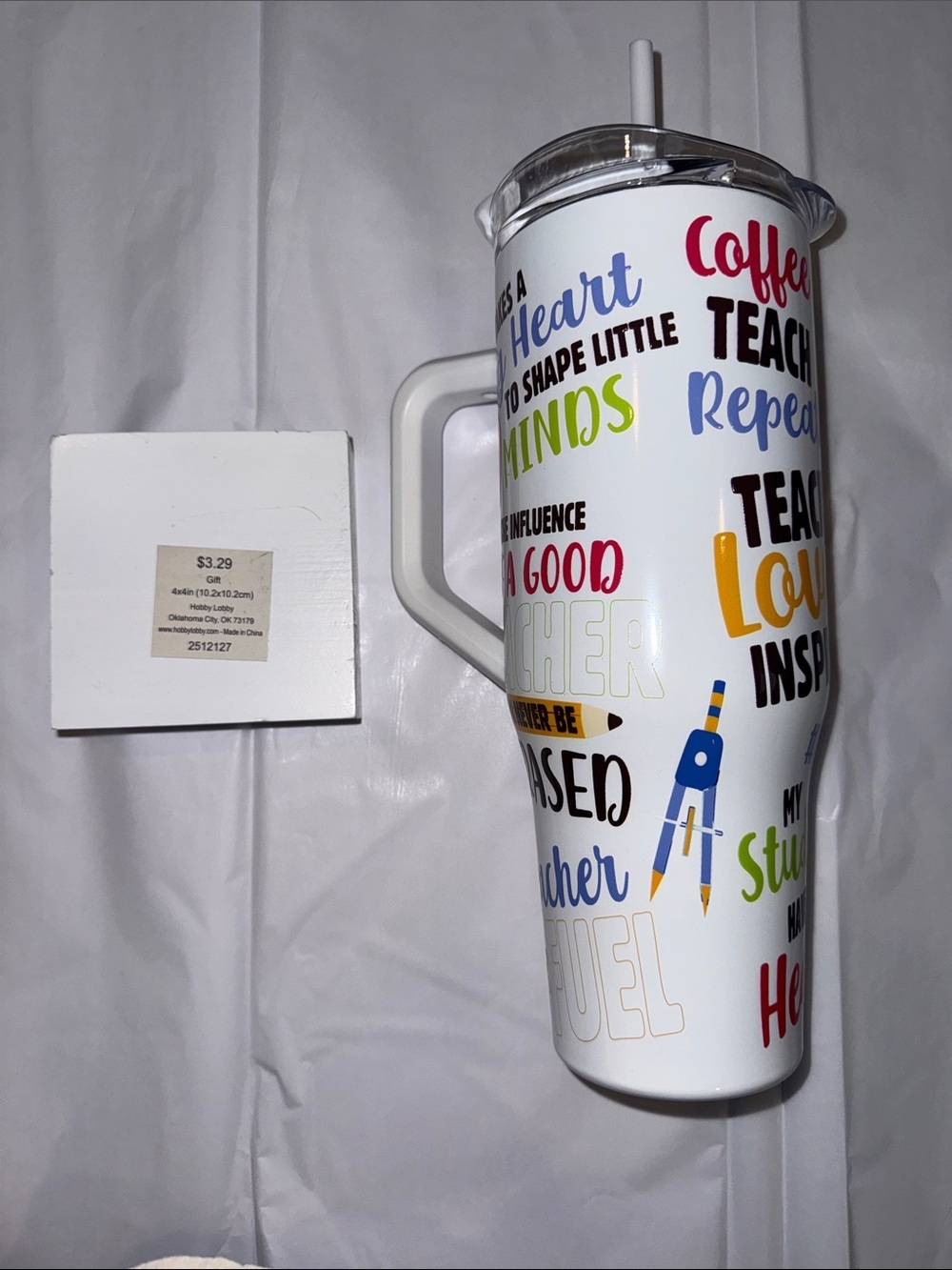 Hobby Lobby White Teacher-Themed Insulated Tumbler with Colorful Text - Picture 2 of 4